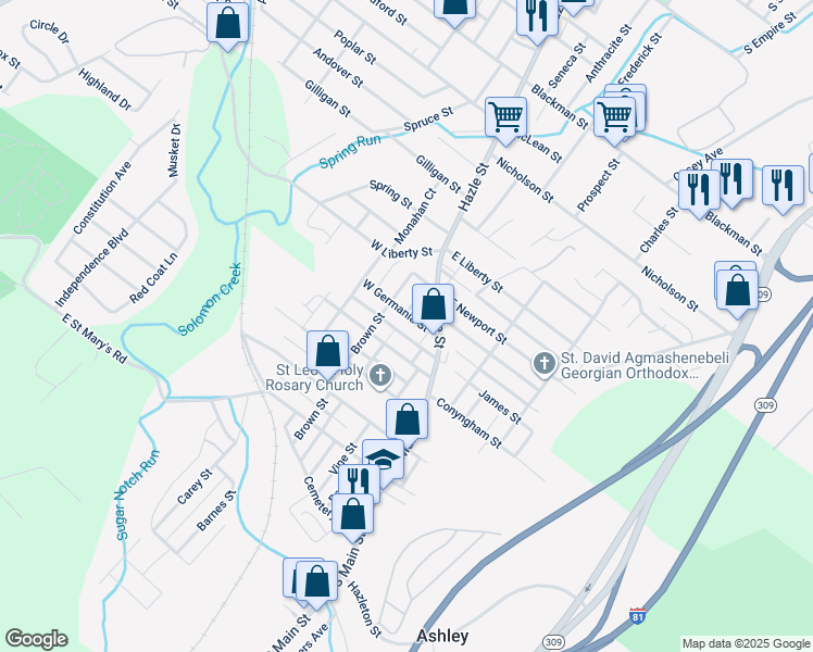 map of restaurants, bars, coffee shops, grocery stores, and more near 20 West Germania Street in Ashley