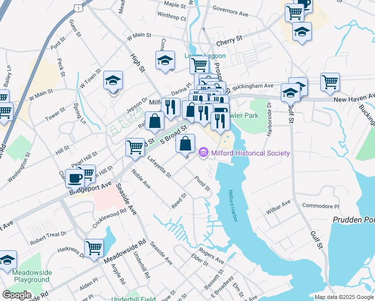 map of restaurants, bars, coffee shops, grocery stores, and more near 29 Center Street in Milford