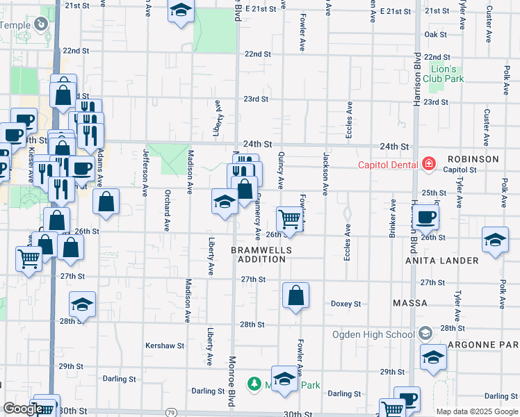 map of restaurants, bars, coffee shops, grocery stores, and more near 825 25th Street in Ogden