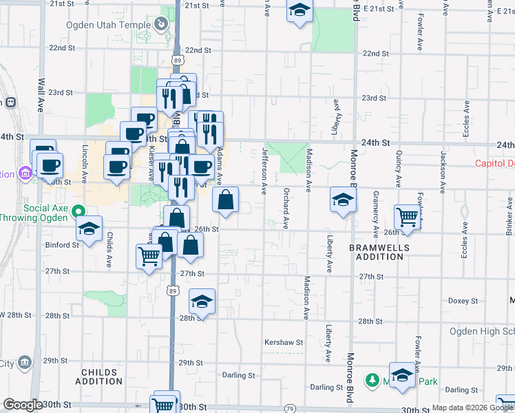 map of restaurants, bars, coffee shops, grocery stores, and more near in Ogden