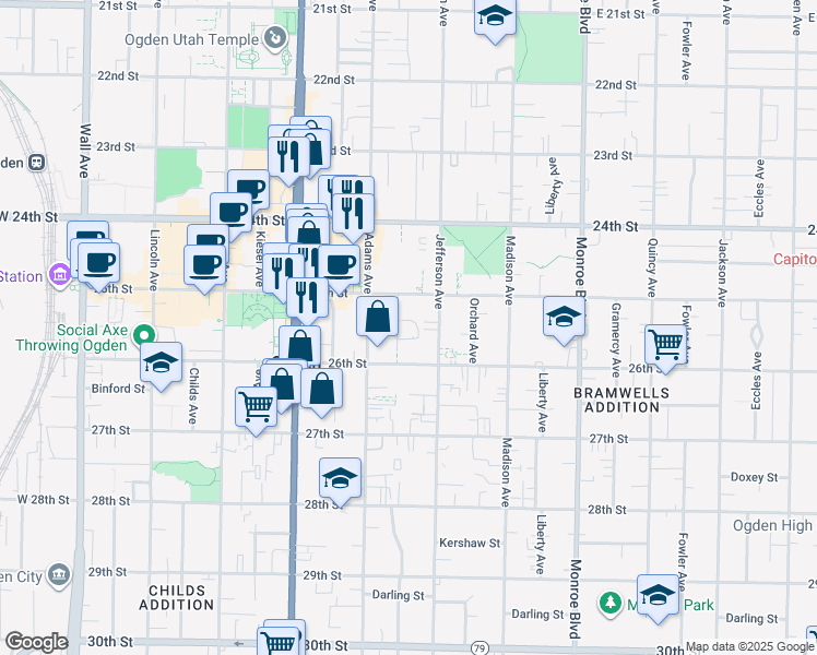 map of restaurants, bars, coffee shops, grocery stores, and more near in Ogden