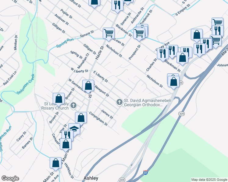 map of restaurants, bars, coffee shops, grocery stores, and more near 297 Ridge St in Luzerne
