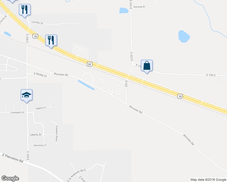 map of restaurants, bars, coffee shops, grocery stores, and more near 3104 Wooster Road in Pierceton