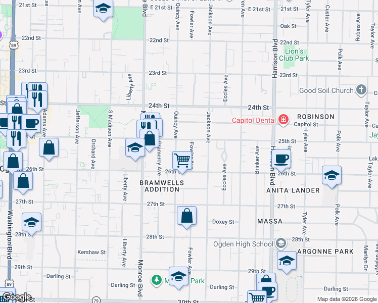map of restaurants, bars, coffee shops, grocery stores, and more near 2515 Fowler Avenue in Ogden