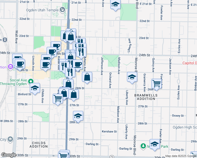 map of restaurants, bars, coffee shops, grocery stores, and more near 2539 Jefferson Avenue in Ogden
