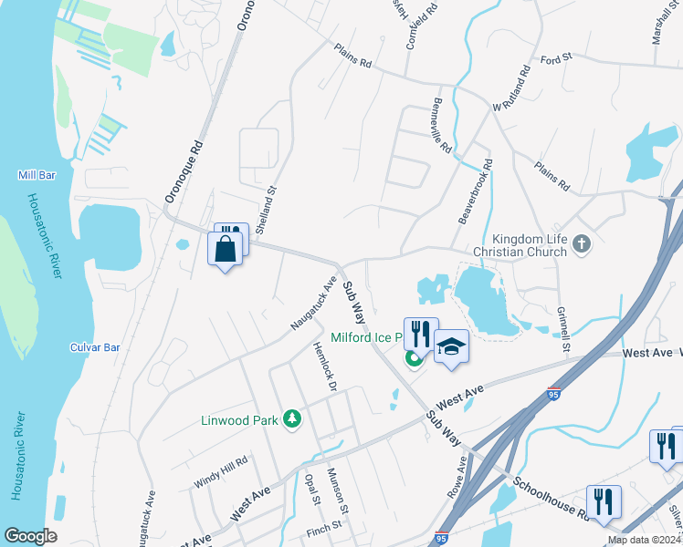 map of restaurants, bars, coffee shops, grocery stores, and more near 404 Sub Way by the City of Milford in Milford