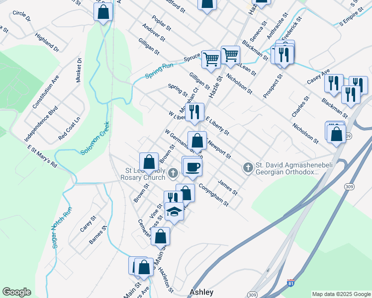 map of restaurants, bars, coffee shops, grocery stores, and more near 20 West Germania Street in Ashley
