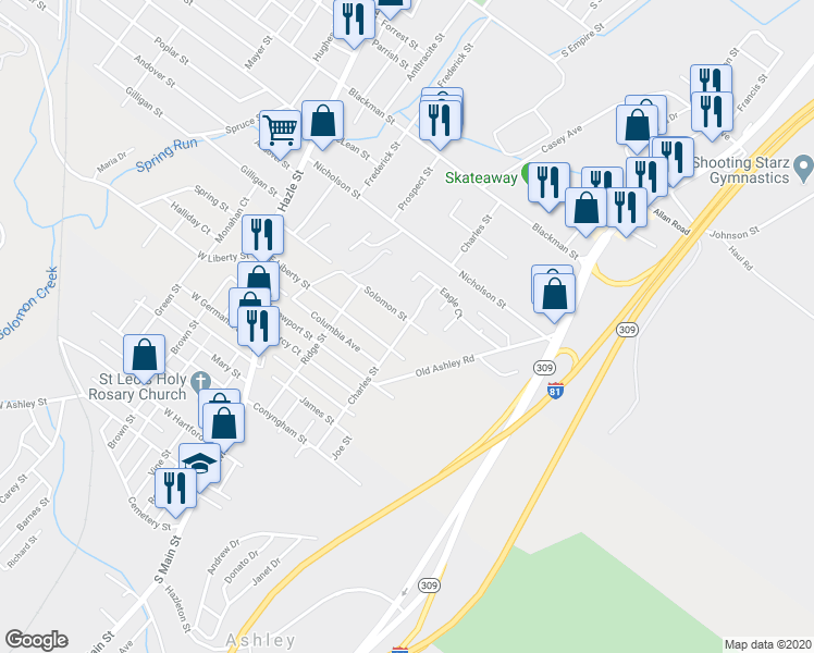 map of restaurants, bars, coffee shops, grocery stores, and more near 184 Charles Street in Wilkes-Barre
