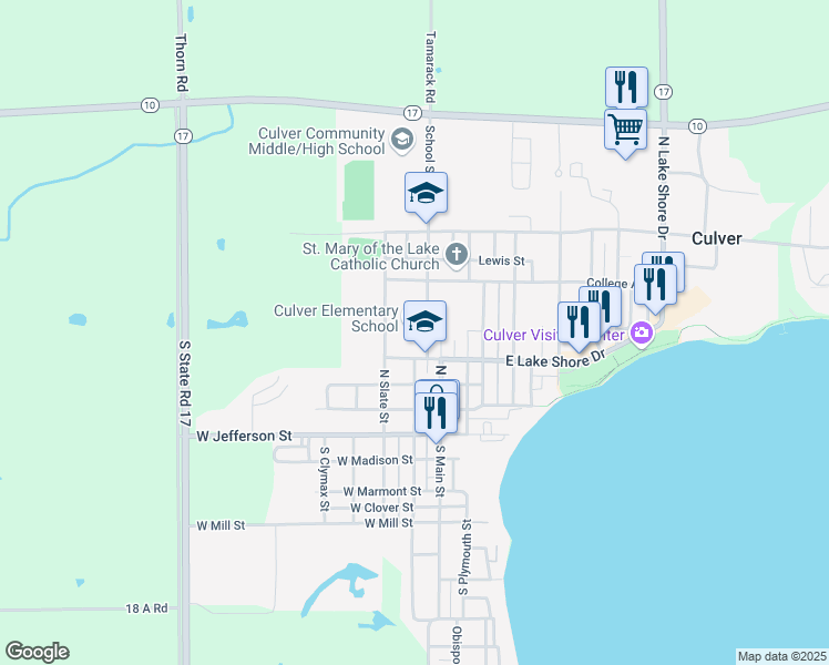map of restaurants, bars, coffee shops, grocery stores, and more near 401 School Street in Culver