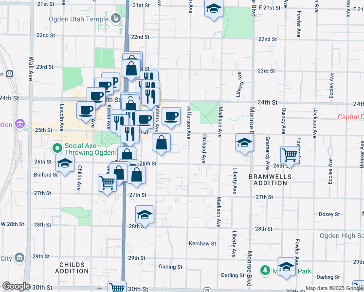 map of restaurants, bars, coffee shops, grocery stores, and more near in Ogden