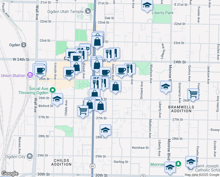 map of restaurants, bars, coffee shops, grocery stores, and more near 2526 Adams Avenue in Ogden