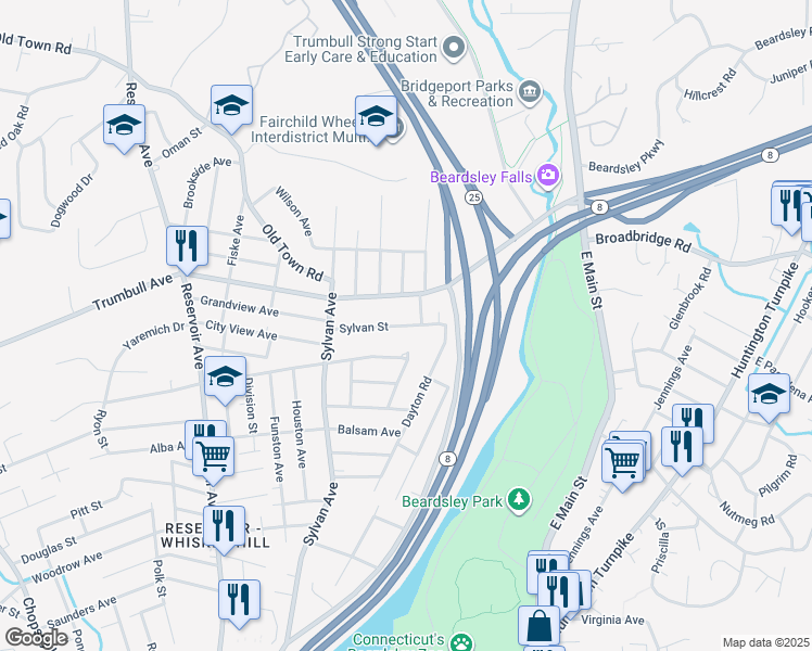 map of restaurants, bars, coffee shops, grocery stores, and more near 252 Sylvan Street in Bridgeport