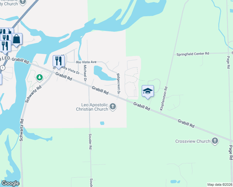 map of restaurants, bars, coffee shops, grocery stores, and more near 14517 Ridgecrest Drive in Leo-Cedarville