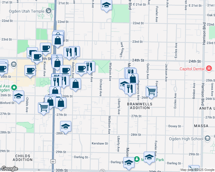 map of restaurants, bars, coffee shops, grocery stores, and more near 2535 Madison Avenue in Ogden