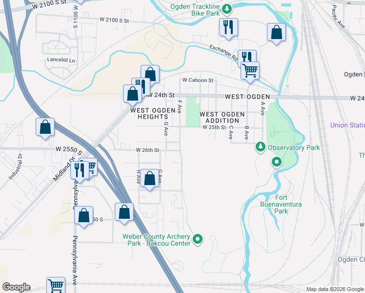 map of restaurants, bars, coffee shops, grocery stores, and more near 2556 F Avenue in Ogden