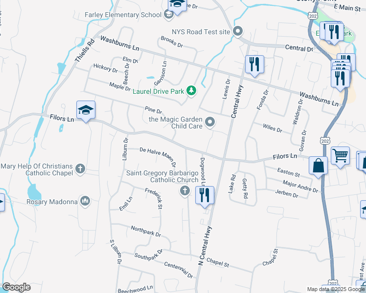 map of restaurants, bars, coffee shops, grocery stores, and more near 115 Filors Lane in Stony Point