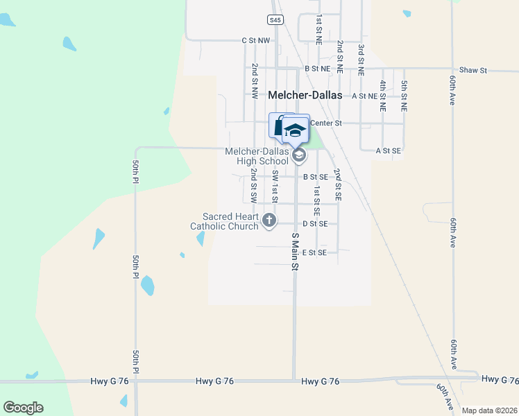 map of restaurants, bars, coffee shops, grocery stores, and more near 315 2nd Street Southwest in Melcher-Dallas