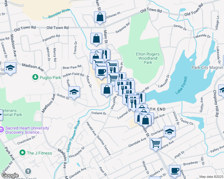 map of restaurants, bars, coffee shops, grocery stores, and more near 4425 Main Street in Bridgeport