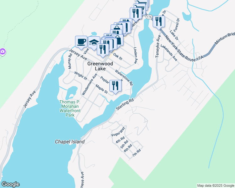 map of restaurants, bars, coffee shops, grocery stores, and more near 6 Court Avenue in Greenwood Lake