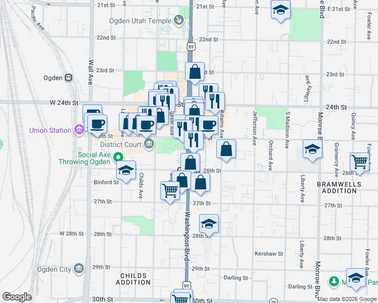 map of restaurants, bars, coffee shops, grocery stores, and more near 2541 Washington Blvd in Ogden