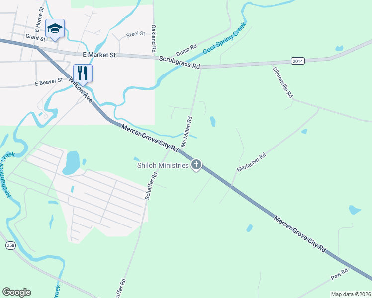 map of restaurants, bars, coffee shops, grocery stores, and more near 4 Mc Millan Road in Mercer