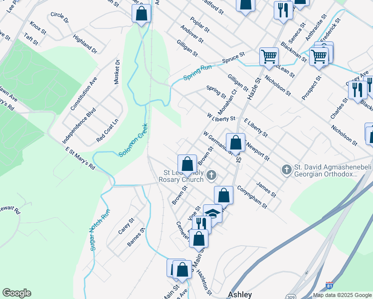 map of restaurants, bars, coffee shops, grocery stores, and more near 17 Green Street in Ashley