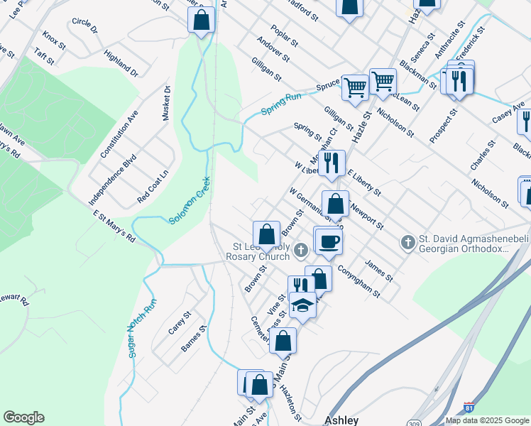 map of restaurants, bars, coffee shops, grocery stores, and more near 17 Green Street in Ashley