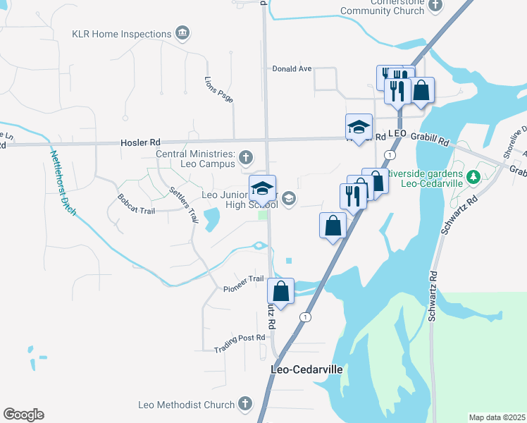 map of restaurants, bars, coffee shops, grocery stores, and more near 14600 Amstutz Road in Leo-Cedarville