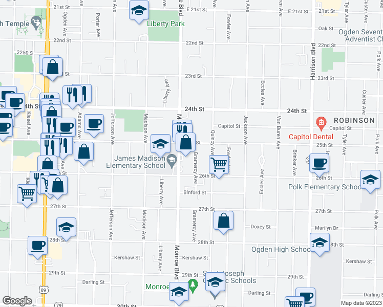 map of restaurants, bars, coffee shops, grocery stores, and more near 825 25th Street in Ogden