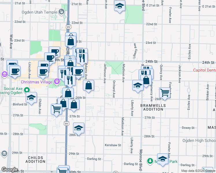 map of restaurants, bars, coffee shops, grocery stores, and more near 2520 Jefferson Avenue in Ogden