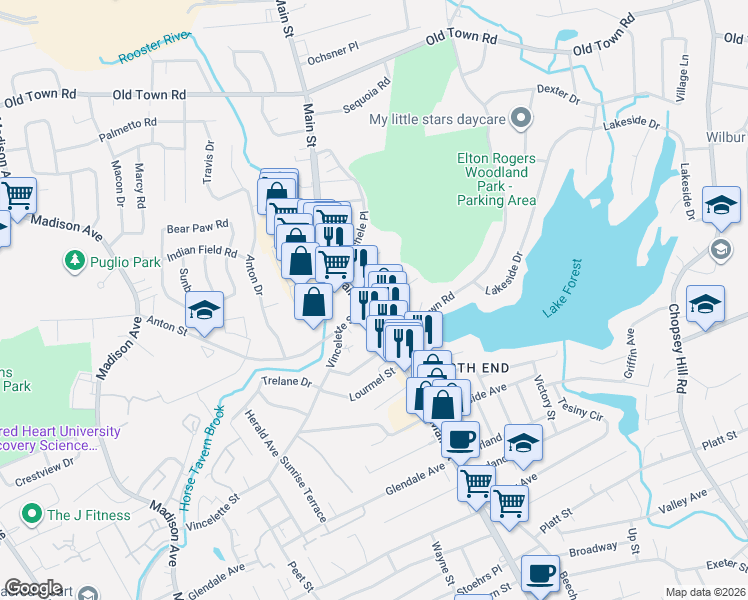 map of restaurants, bars, coffee shops, grocery stores, and more near 64 Oxford Street in Bridgeport