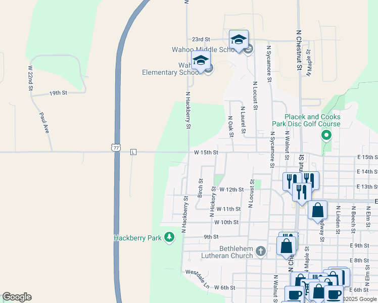 map of restaurants, bars, coffee shops, grocery stores, and more near 2056 North Hackberry Street in Wahoo