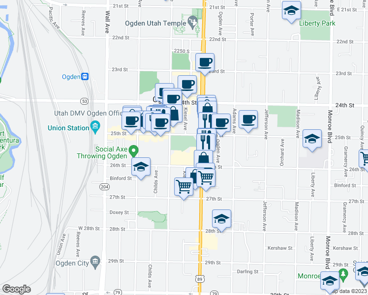 map of restaurants, bars, coffee shops, grocery stores, and more near 343 25th Street in Ogden