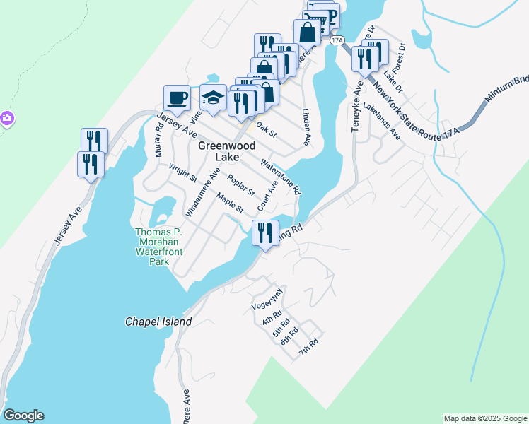 map of restaurants, bars, coffee shops, grocery stores, and more near 6 Court Avenue in Greenwood Lake