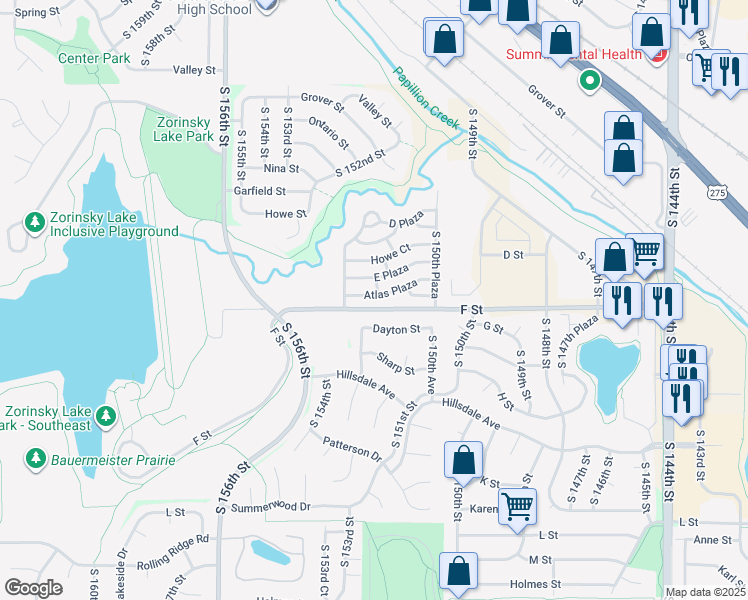 map of restaurants, bars, coffee shops, grocery stores, and more near 15101 Atlas Plaza in Omaha