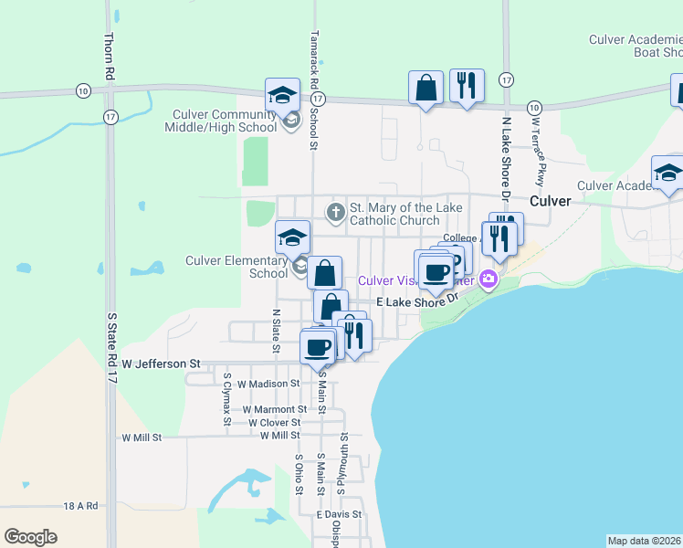 map of restaurants, bars, coffee shops, grocery stores, and more near 439 Lake Street in Culver