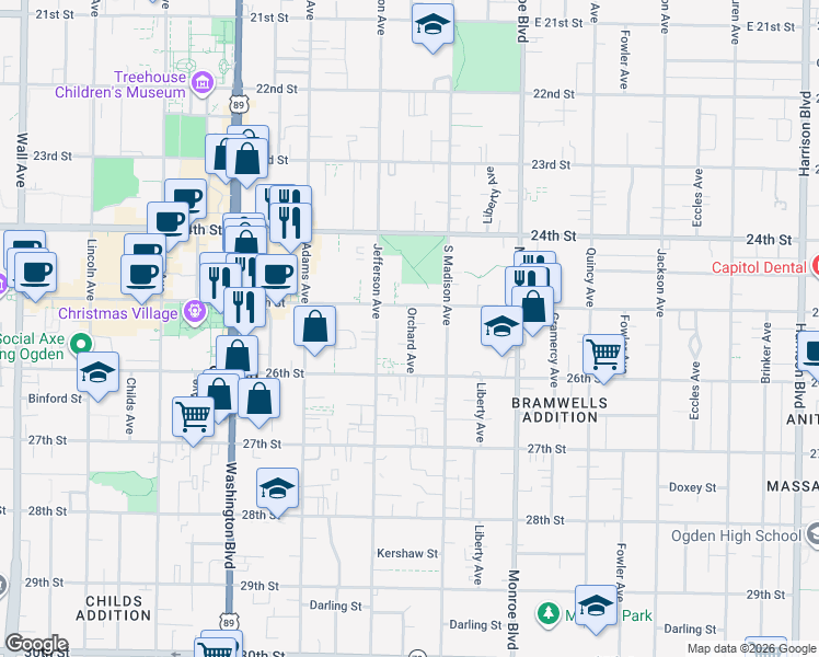 map of restaurants, bars, coffee shops, grocery stores, and more near 2531 Orchard Avenue in Ogden