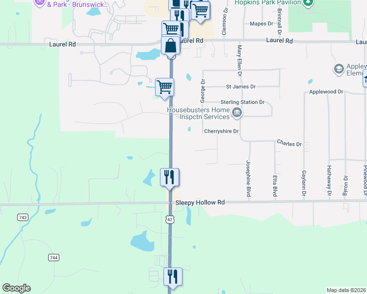 map of restaurants, bars, coffee shops, grocery stores, and more near 2035 Pearl Road in Brunswick