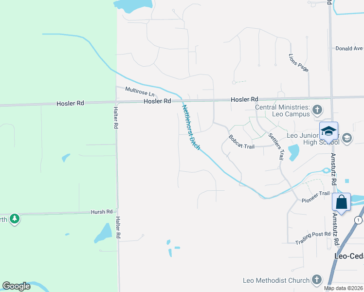 map of restaurants, bars, coffee shops, grocery stores, and more near 14614 Flint Creek Crossing in Leo-Cedarville