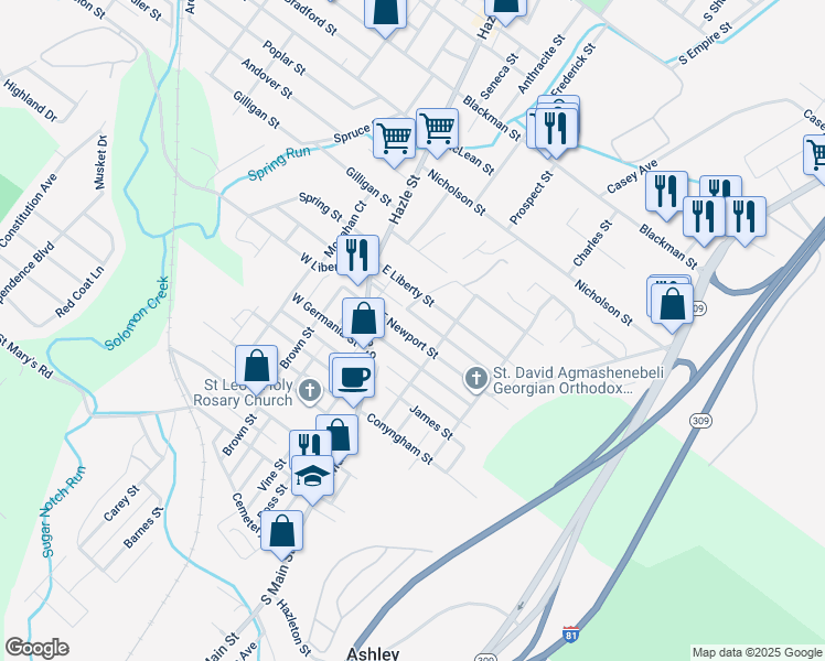 map of restaurants, bars, coffee shops, grocery stores, and more near 42 East Newport Street in Ashley