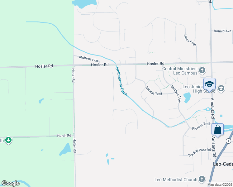 map of restaurants, bars, coffee shops, grocery stores, and more near 14614 Flint Creek Crossing in Leo-Cedarville