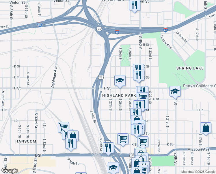map of restaurants, bars, coffee shops, grocery stores, and more near 4032 South 27th Street in Omaha