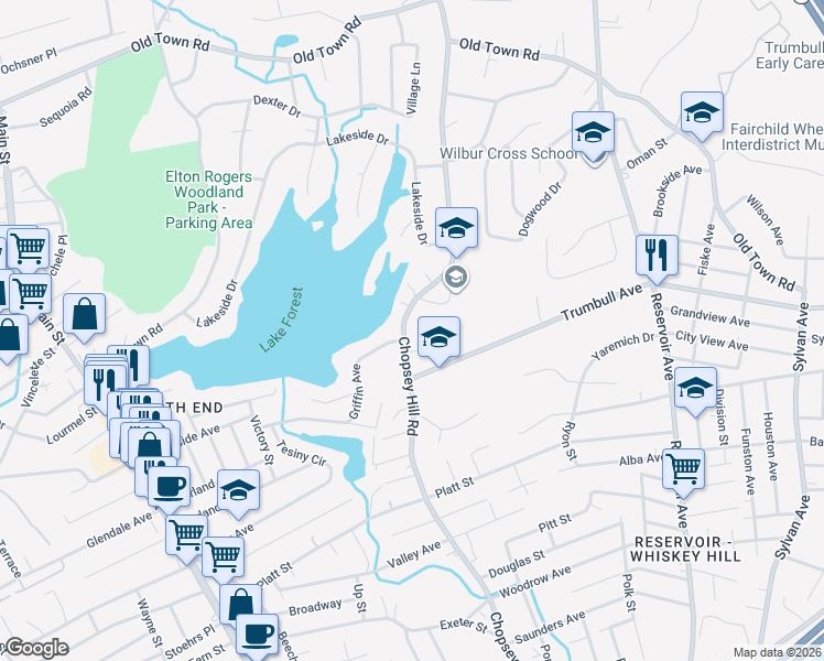 map of restaurants, bars, coffee shops, grocery stores, and more near 1385 Chopsey Hill Road in Bridgeport