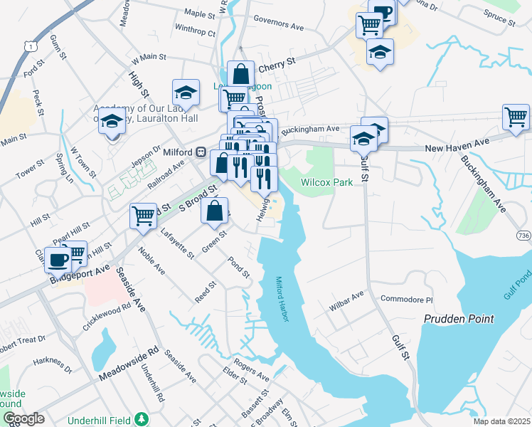 map of restaurants, bars, coffee shops, grocery stores, and more near 17 Helwig Street in Milford