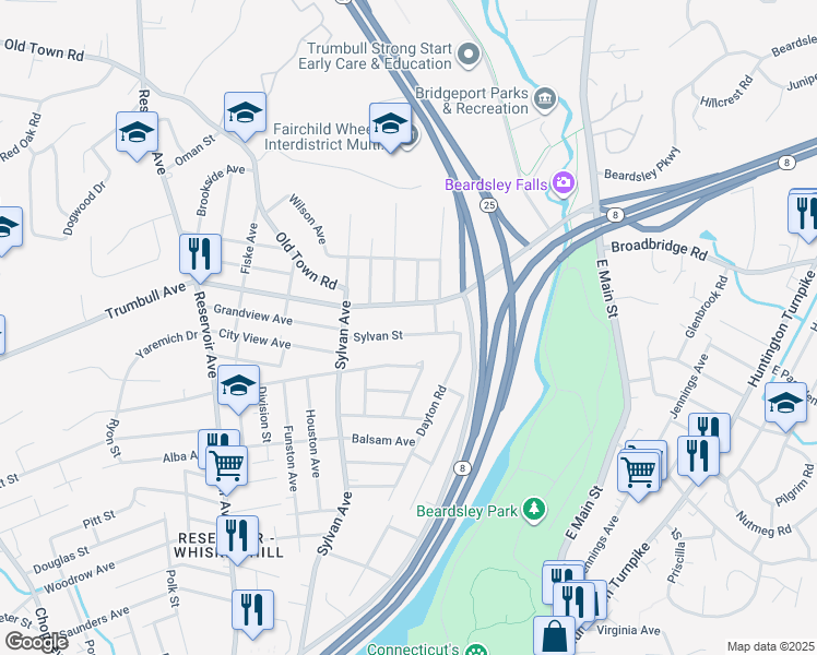map of restaurants, bars, coffee shops, grocery stores, and more near 252 Sylvan Street in Bridgeport