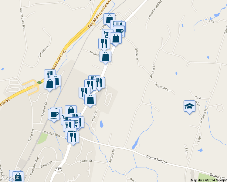map of restaurants, bars, coffee shops, grocery stores, and more near 111 Foxwood Circle in Mount Kisco
