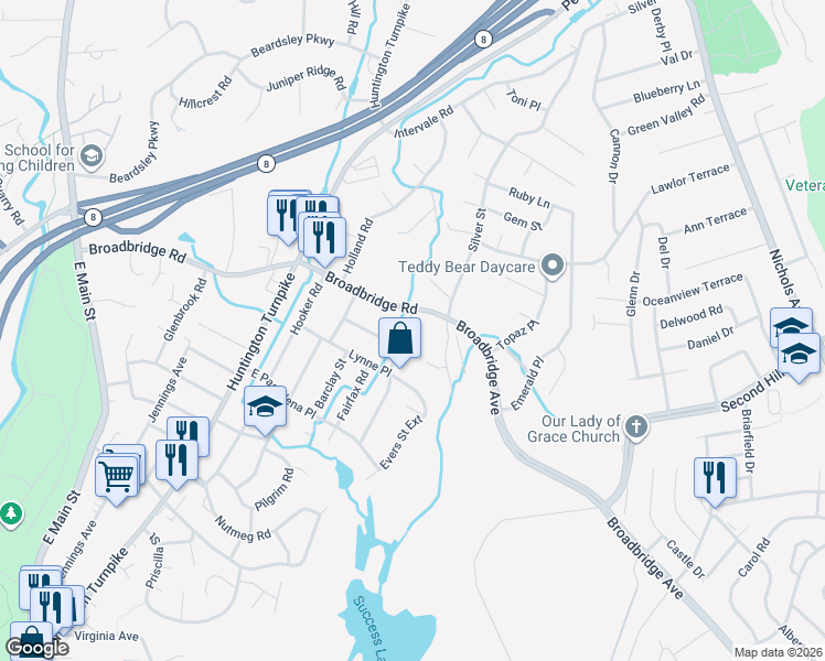 map of restaurants, bars, coffee shops, grocery stores, and more near 270 Greystone Road in Bridgeport
