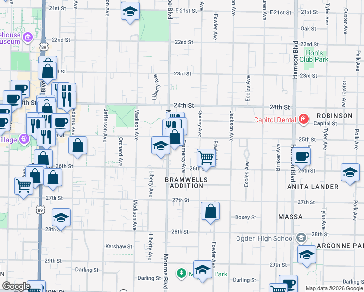 map of restaurants, bars, coffee shops, grocery stores, and more near 825 25th Street in Ogden