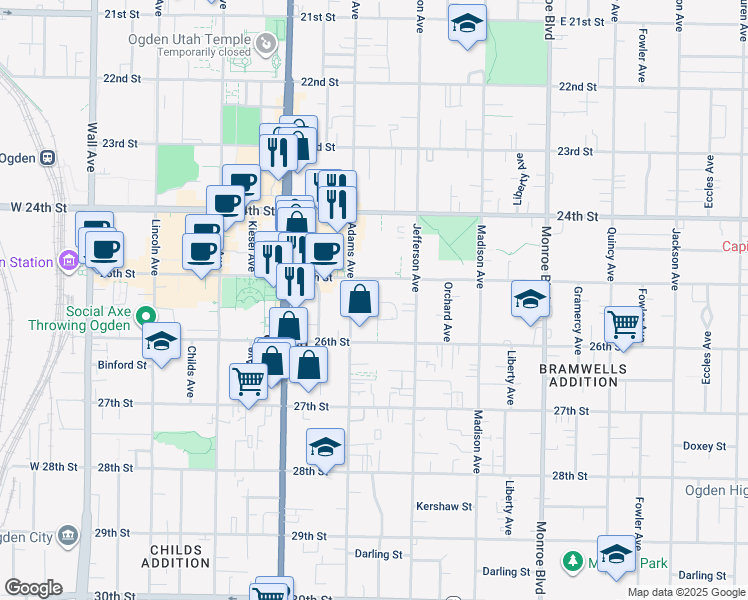 map of restaurants, bars, coffee shops, grocery stores, and more near in Ogden