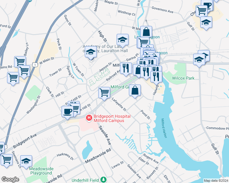 map of restaurants, bars, coffee shops, grocery stores, and more near 185 Broad Street in Milford